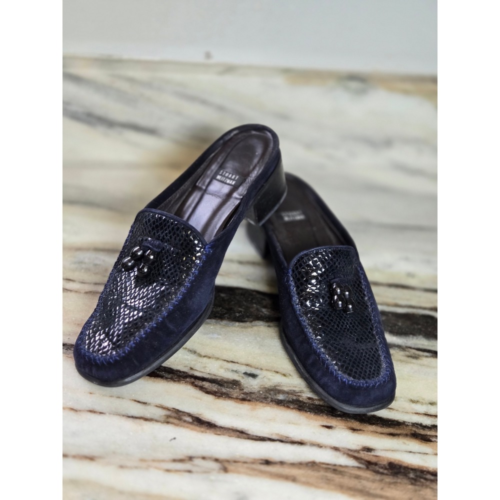 Stuart Weitzman Navy Blue Suede Snakeskin Embossed Tassel Mules Spain 6 AA